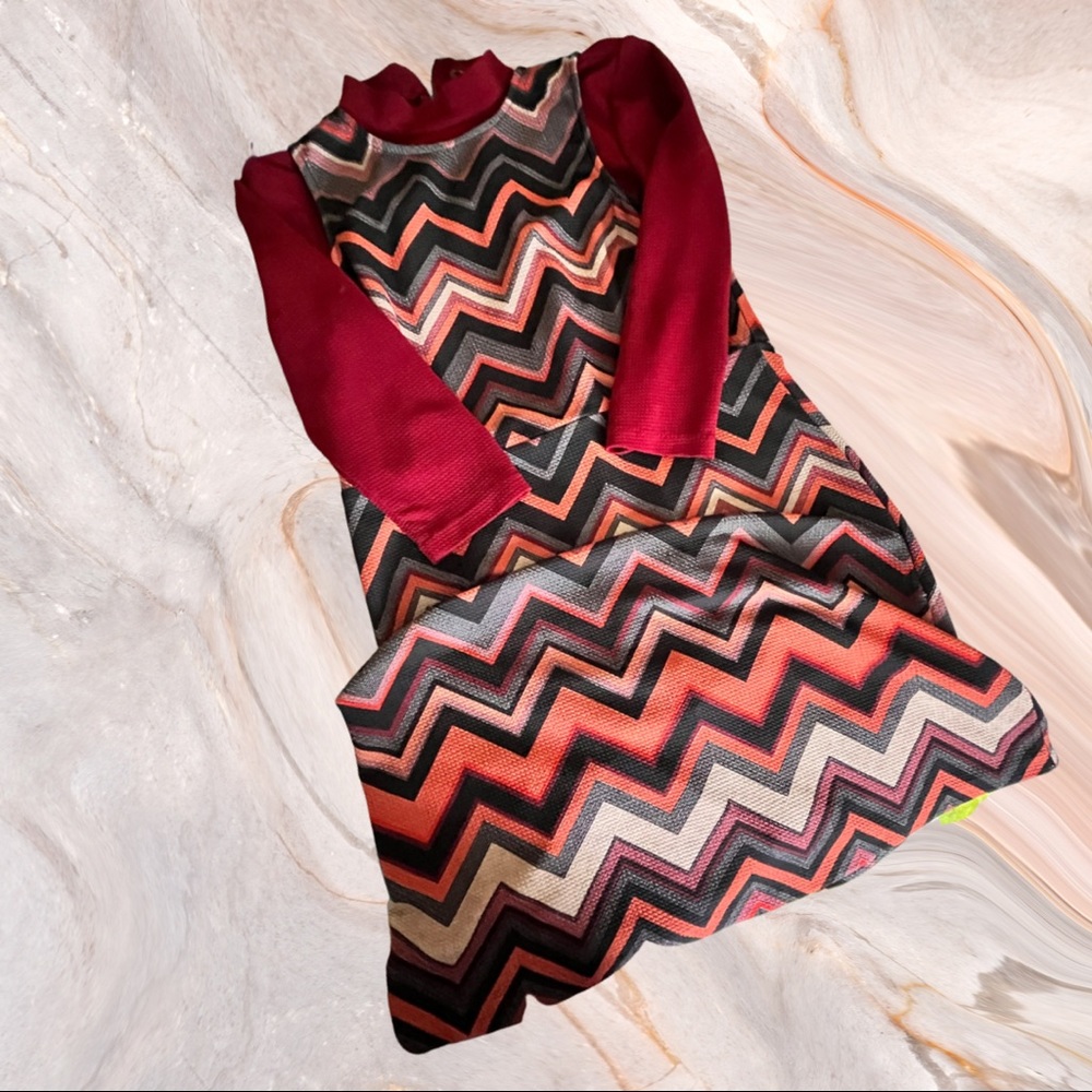 Vintage Chevron 70s Dress with Turtle Neck